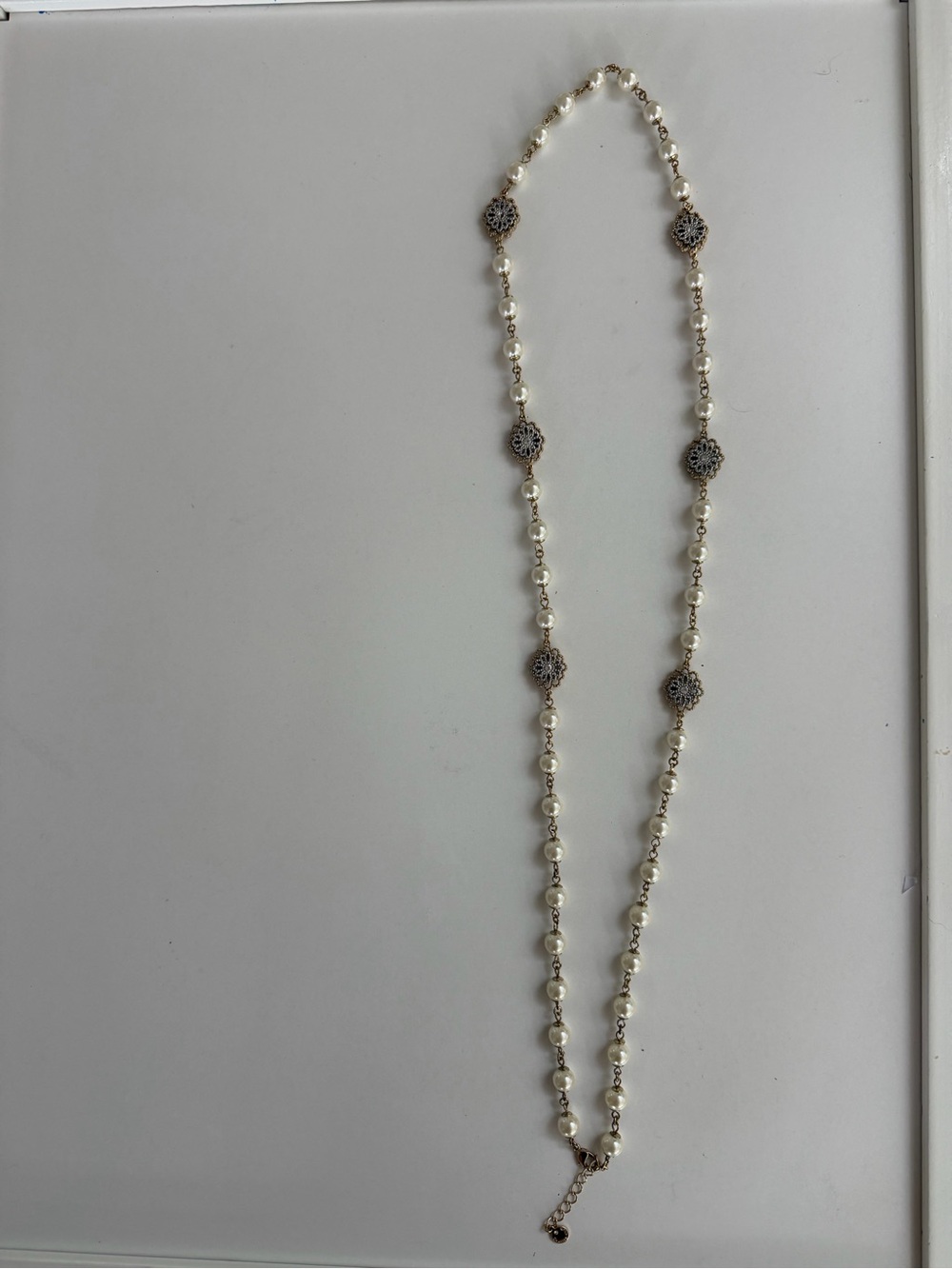 Charter Club Pearl Station Necklace with Filigree Discs - White and Gold